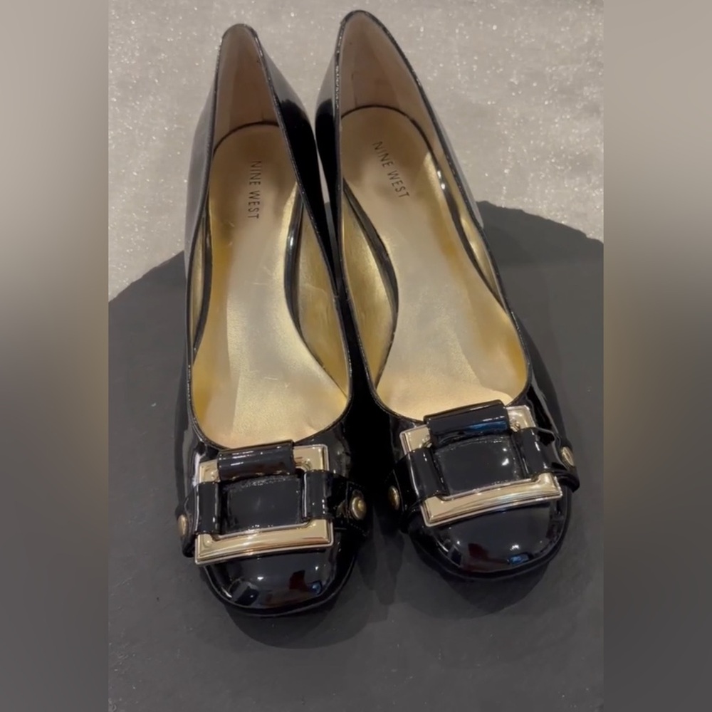 Nine West chunky heeled patent shoes with striking buckle toe